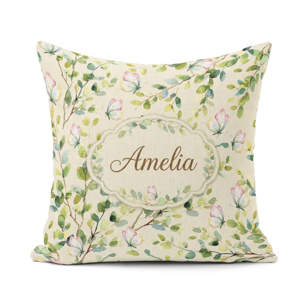 Custom Name Watercolor Butterflies Green Leaves Branches Pattern Square Filled Cushion Throw Pillow Sofa Bed Home Decor Zip Washable UK Made