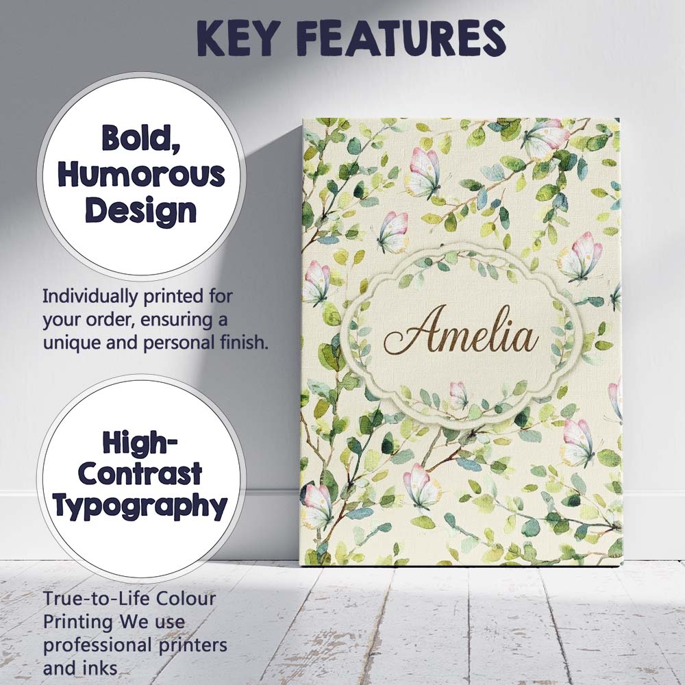 Personalised Name Watercolor Butterflies Custom  Unique Gift Idea Elegant Feature Canvas Wall Art Print Decor Picture Ready to Hang