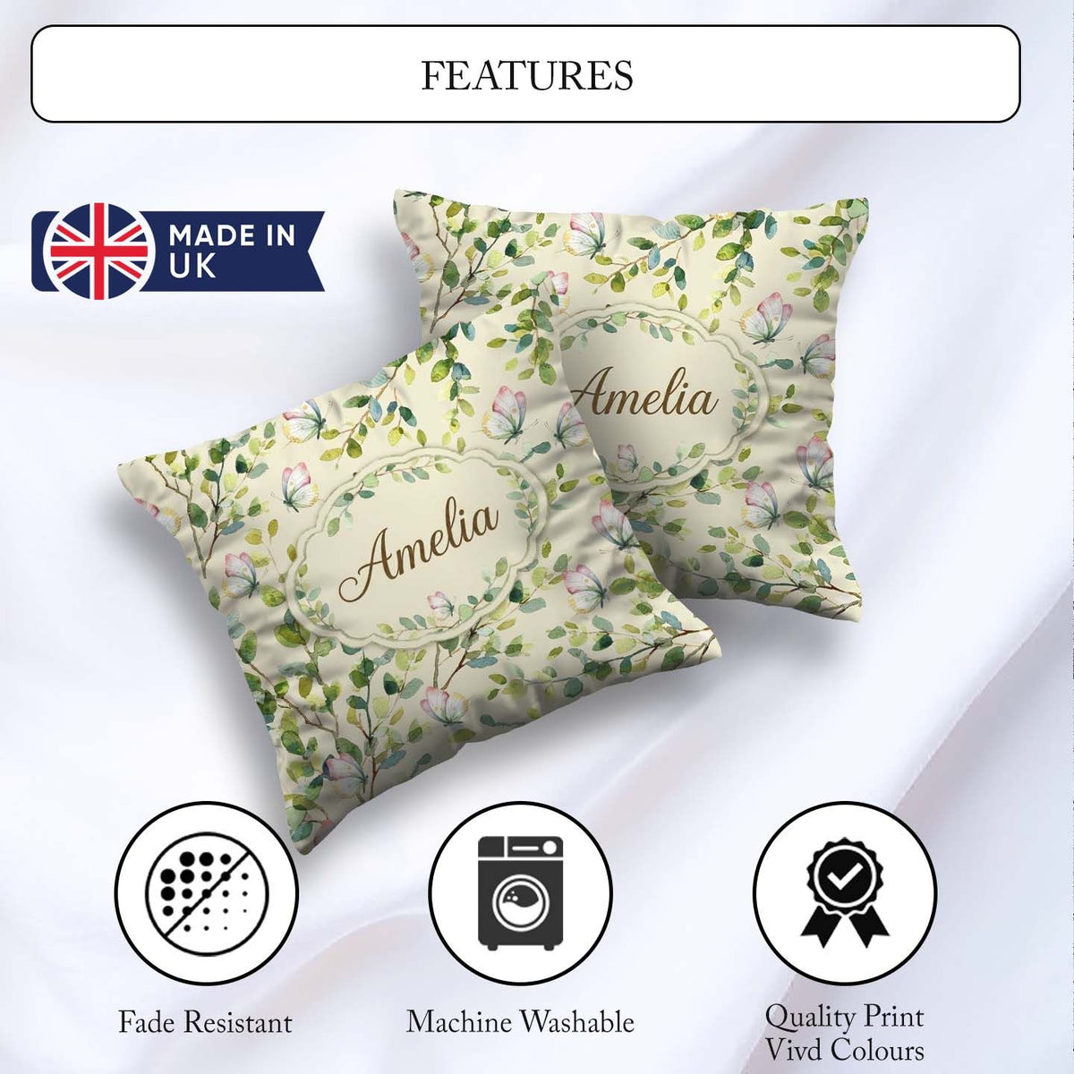 Custom Name Watercolor Butterflies Green Leaves Branches Pattern Square Filled Cushion Throw Pillow Sofa Bed Home Decor Zip Washable UK Made