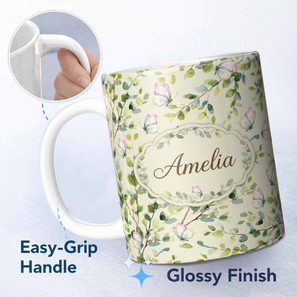 Personalized Custom Name Watercolor Butterflies Green Leaves Branches Seamless Pattern Soft 11oz Ceramic Coffee Tea Mug White Large Handle