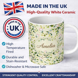 Personalized Custom Name Watercolor Butterflies Green Leaves Branches Seamless Pattern Soft 11oz Ceramic Coffee Tea Mug White Large Handle
