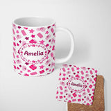 Personalized Custom Name Cute Pink Gift Box Star Festive Seamless Pattern Cute Gift 11oz Ceramic Coffee Tea Mug White Large Handle