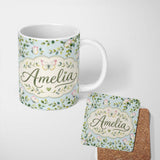Personalized Custom Name Watercolor Butterflies Green Leaves Branches Seamless Pattern Light 11oz Ceramic Coffee Tea Mug White Large Handle