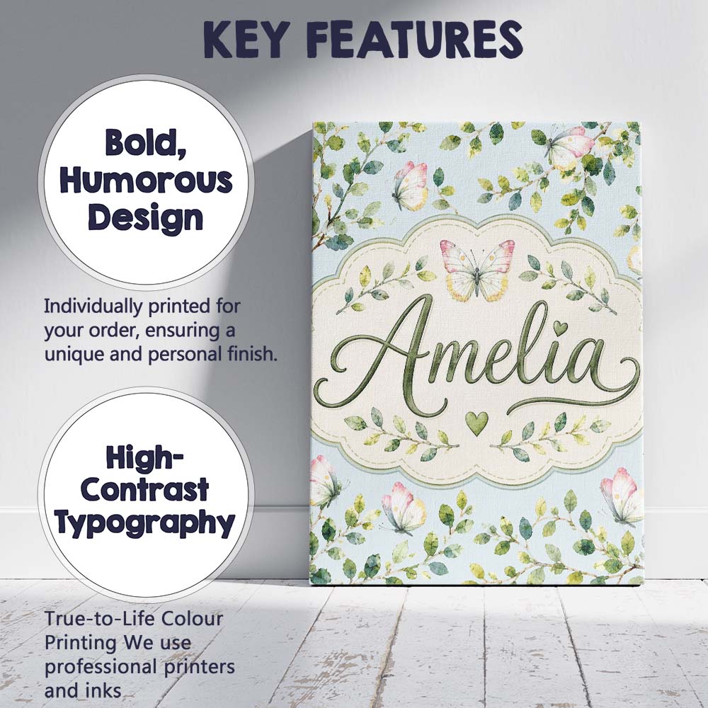 Personalised Name Watercolor Butterflies Custom  Unique Gift Idea Elegant Feature Canvas Wall Art Print Decor Picture Ready to Hang