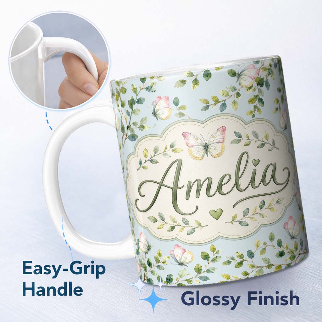 Personalized Custom Name Watercolor Butterflies Green Leaves Branches Seamless Pattern Light 11oz Ceramic Coffee Tea Mug White Large Handle