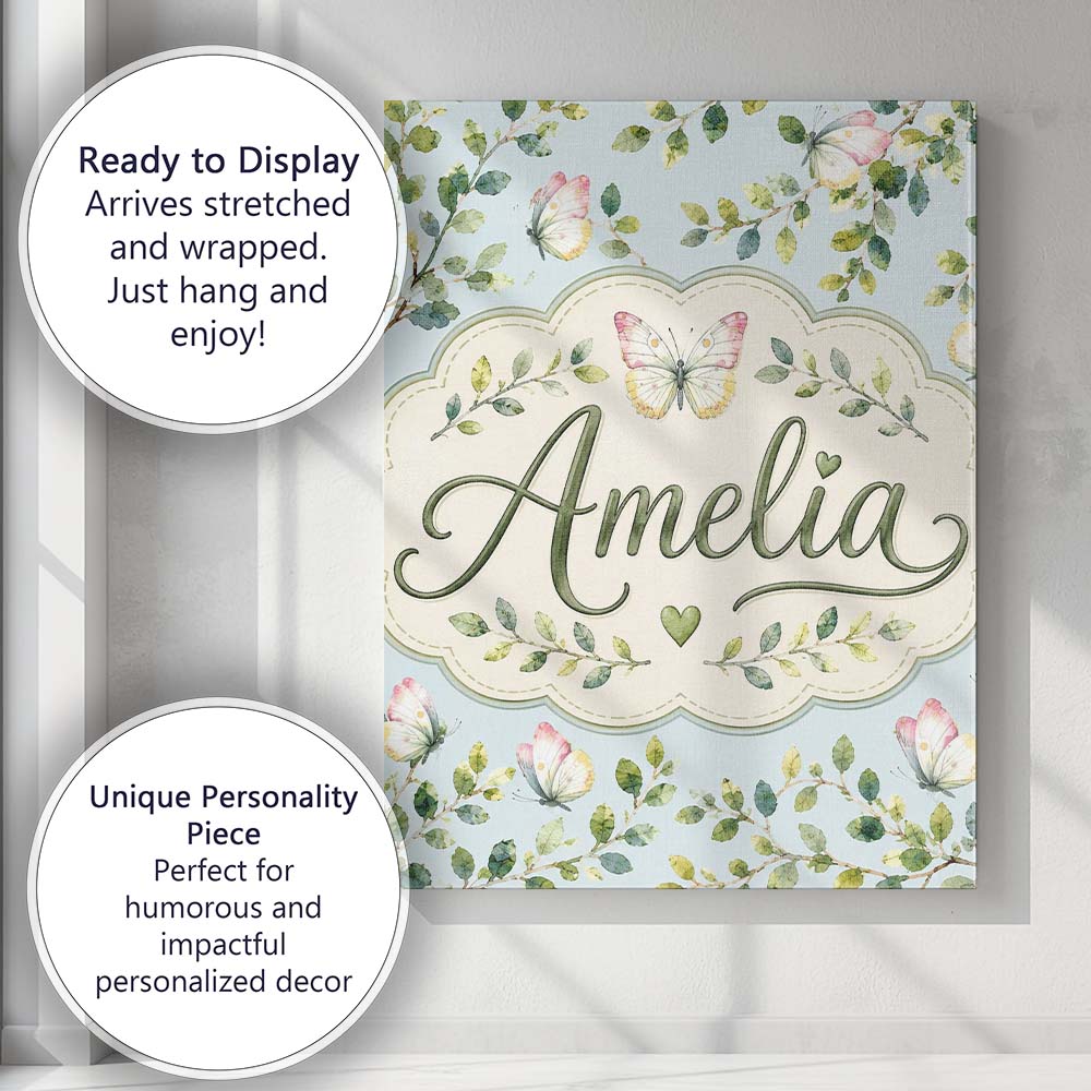 Personalised Name Watercolor Butterflies Custom  Unique Gift Idea Elegant Feature Canvas Wall Art Print Decor Picture Ready to Hang