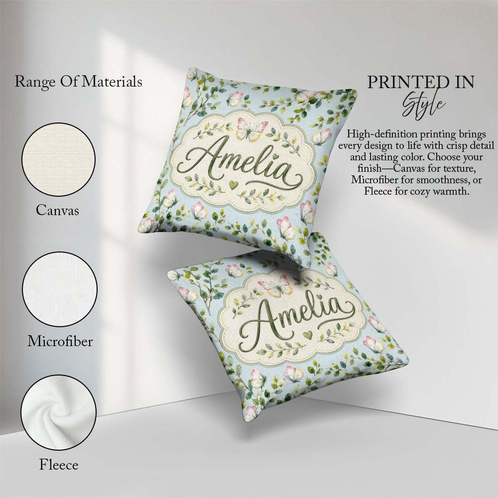Custom Name Watercolor Butterflies Green Leaves Branches Pattern Square Filled Cushion Throw Pillow Sofa Bed Home Decor Zip Washable UK Made
