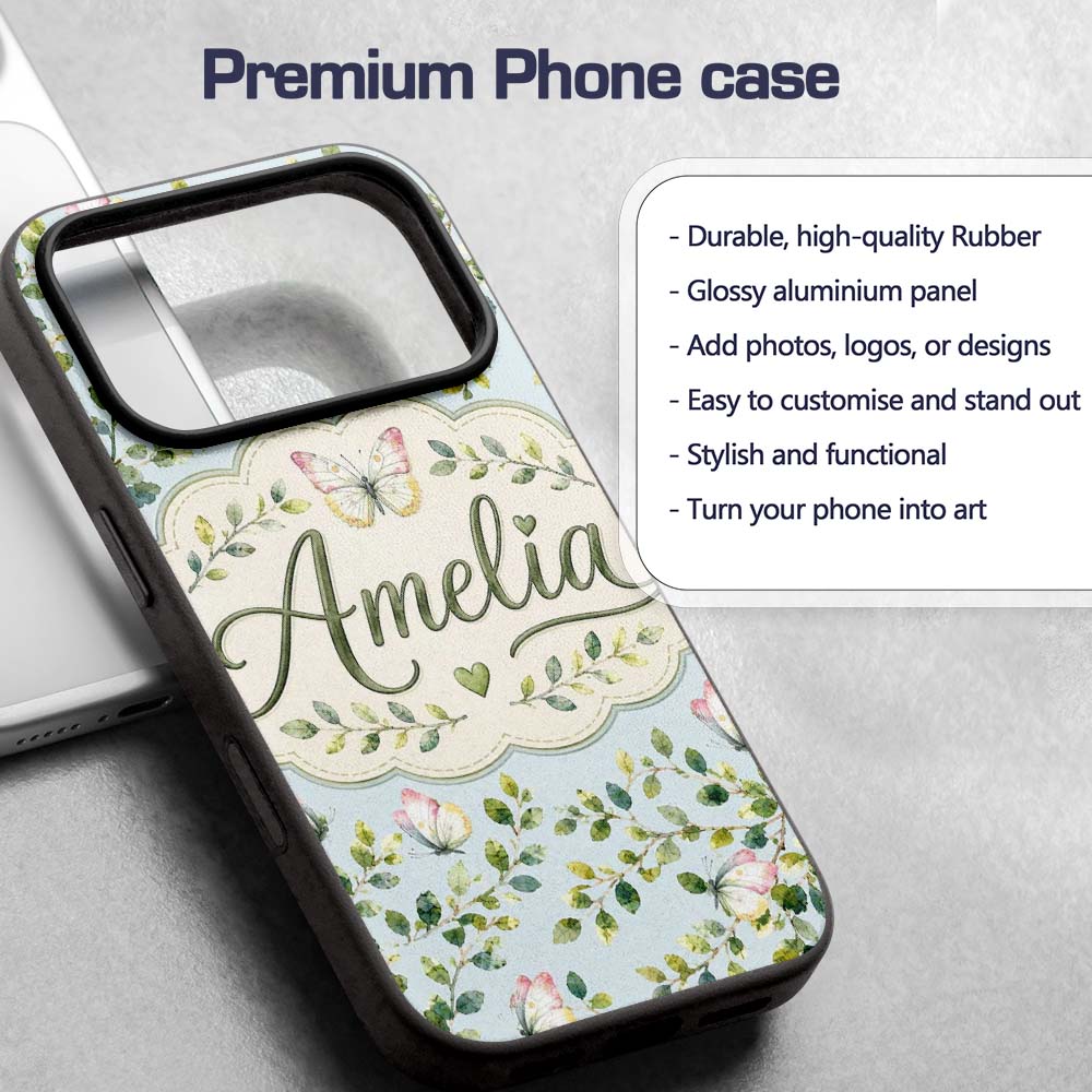 Watercolor Butterflies Green Leaves Branches Custom Name Protective Phone Case Mobile Cover Durable Everyday Smartphone Shock Resistant
