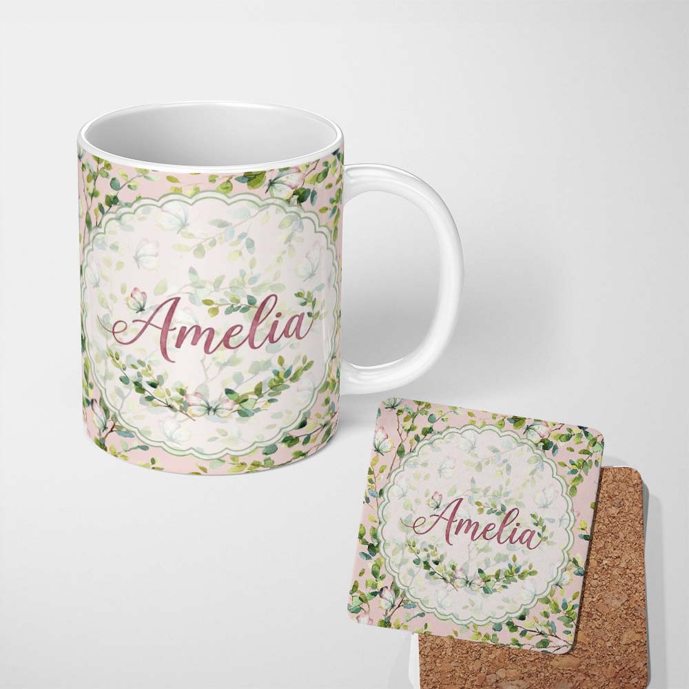 Personalized Custom Name Watercolor Butterflies Green Leaves Branches Seamless Pattern Blush 11oz Ceramic Coffee Tea Mug White Large Handle