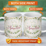 Personalized Custom Name Watercolor Butterflies Green Leaves Branches Seamless Pattern Blush 11oz Ceramic Coffee Tea Mug White Large Handle