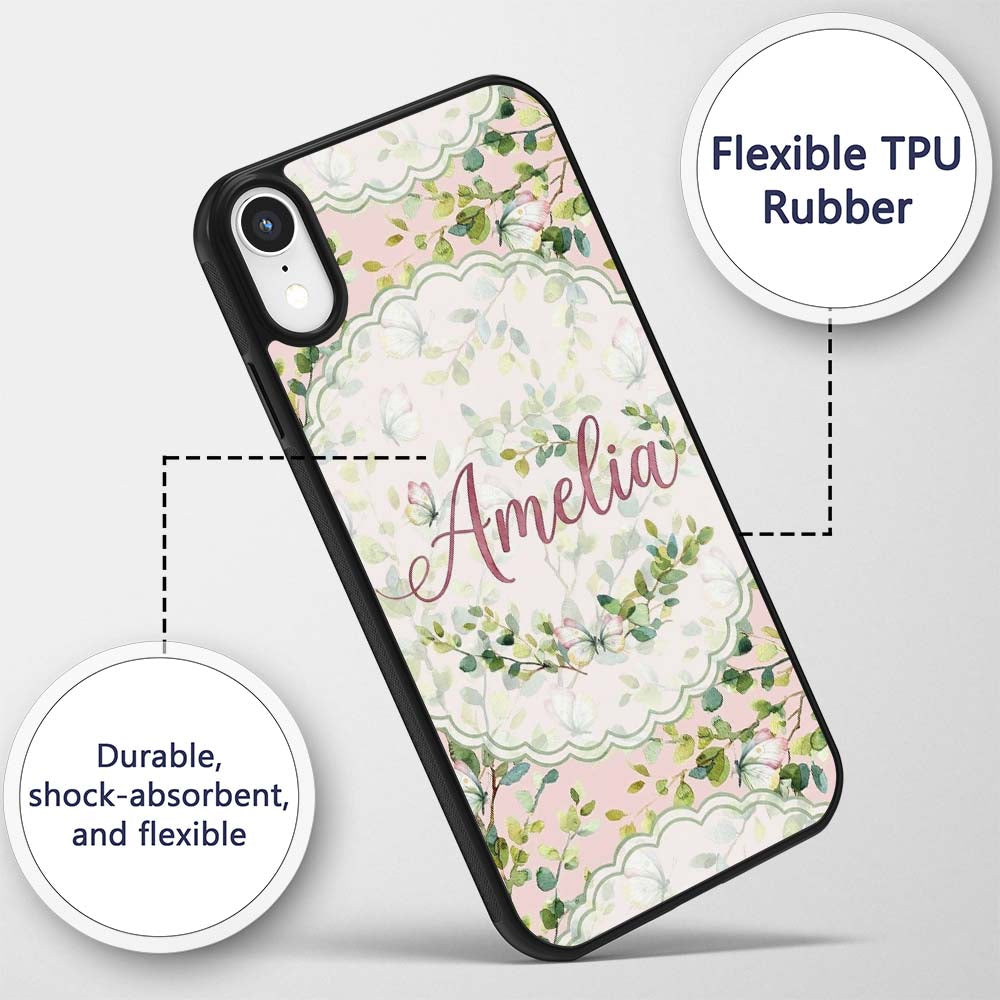 Watercolor Butterflies Green Leaves Branches Custom Name Protective Phone Case Mobile Cover Durable Everyday Smartphone Shock Resistant