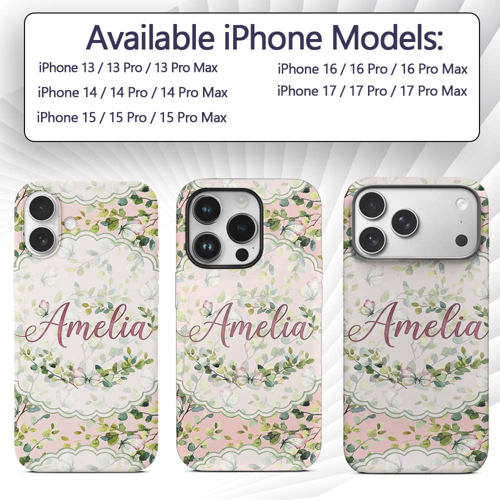 Watercolor Butterflies Green Leaves Branches Custom Name Protective Phone Case Mobile Cover Durable Everyday Smartphone Shock Resistant