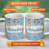 Personalized Custom Name Cute Cartoon Safari Animals with Stars on Blue Background Nursery 11oz Ceramic Coffee Tea Mug White Large Handle