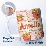Personalized Custom Name Cute French Fries Cartoon Snack Food Blush Pink Background Seamless 11oz Ceramic Coffee Tea Mug White Large Handle