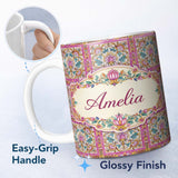 Personalized Custom Name Ornate Pink Gold Baroque Floral Tile Pattern Decorative Lovely 11oz Ceramic Coffee Tea Mug White Large Handle
