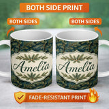Personalized Custom Name Dark Evergreen Pine Branch Pattern with Dense Texture Lovely 11oz Ceramic Coffee Tea Mug White Large Handle