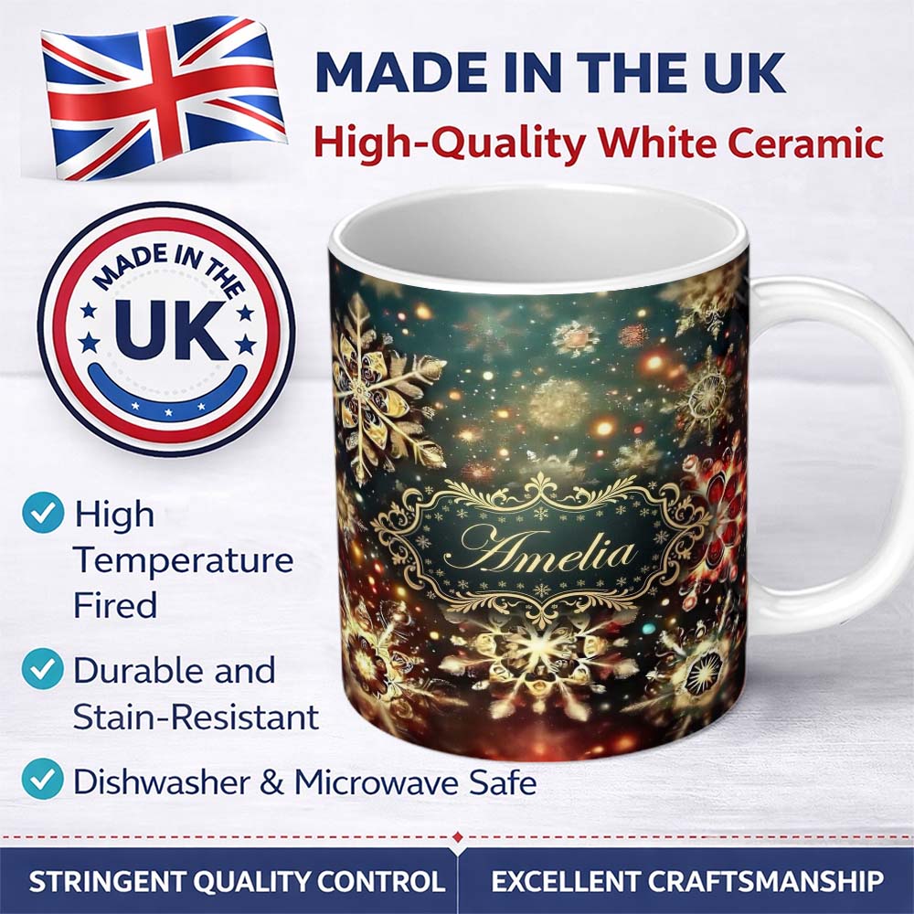 Personalized Custom Name Christmas Snowflake Glitter Seamless Pattern Charming Kitchen Decor 11oz Ceramic Coffee Tea Mug White Large Handle