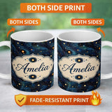 Personalized Custom Name Blue Swirling Starfield Galaxy Space Seamless Pattern Night Cosmic 11oz Ceramic Coffee Tea Mug White Large Handle