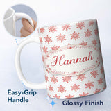 Personalized Custom Name Red Glitter Snowflake Christmas Seamless Pattern Cute Unique Gift 11oz Ceramic Coffee Tea Mug White Large Handle