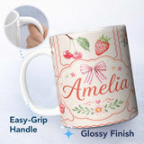 Personalized Custom Name Cute Watercolor Cherry Strawberry Bow Macaron Dessert Frame Cream 11oz Ceramic Coffee Tea Mug White Large Handle