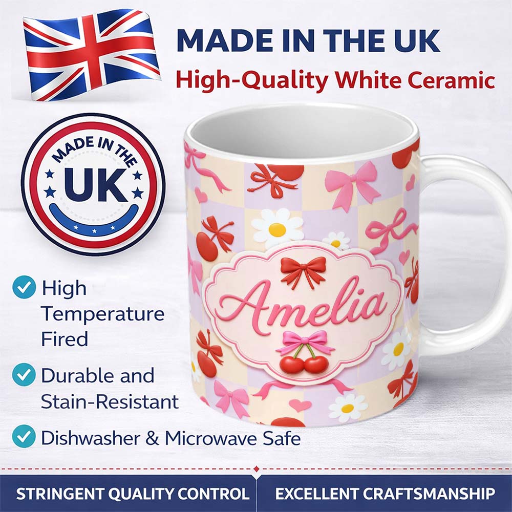 Personalized Custom Name Cute Cherry Bow Daisy Heart Seamless Pattern on Pastel Lilac Gingham 11oz Ceramic Coffee Tea Mug White Large Handle