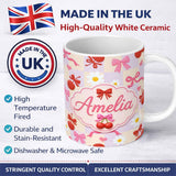 Personalized Custom Name Cute Cherry Bow Daisy Heart Seamless Pattern on Pastel Lilac Gingham 11oz Ceramic Coffee Tea Mug White Large Handle