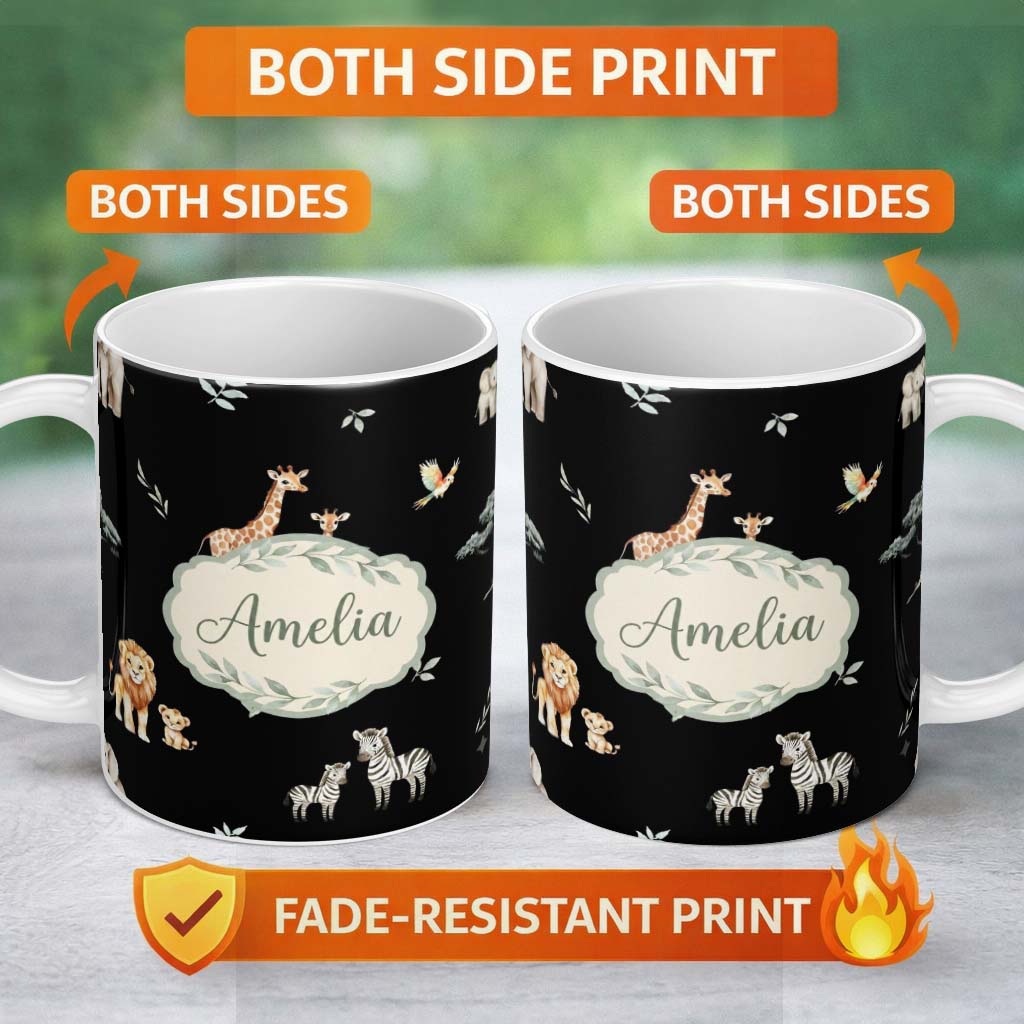 Personalized Custom Name Cute Safari Animals Giraffe Lion Zebra on Black Background Seamless 11oz Ceramic Coffee Tea Mug White Large Handle