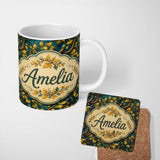Personalized Custom Name Bold Yellow Leaves on Teal Background Seamless Pattern Lovely 11oz Ceramic Coffee Tea Mug White Large Handle