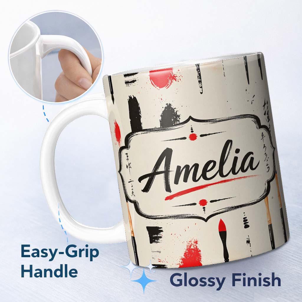Personalized Custom Name Traditional Japanese Calligraphy Tools and Brush Strokes Layout 11oz Ceramic Coffee Tea Mug White Large Handle