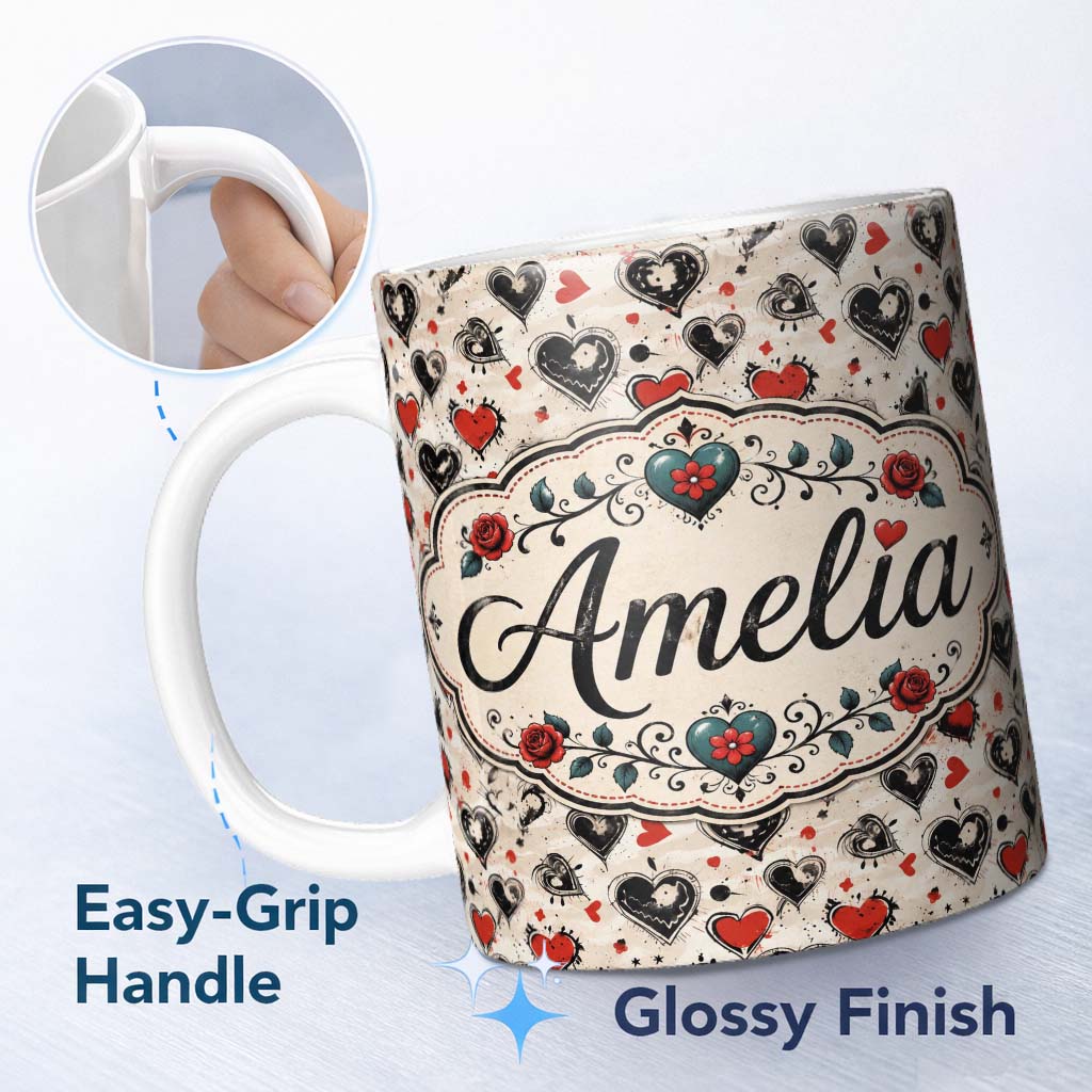 Personalized Custom Name Grunge Hand Drawn Black and Red Heart Doodle Seamless Pattern Lovely 11oz Ceramic Coffee Tea Mug White Large Handle