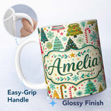 Personalized Custom Name Festive Christmas Trees Candy Canes Snowflakes Stars Baubles Holiday 11oz Ceramic Coffee Tea Mug White Large Handle