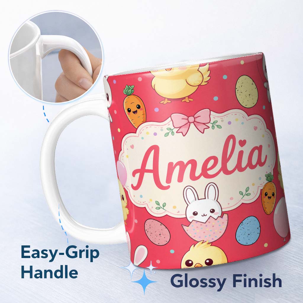 Personalized Custom Name Cute Easter Bunny Chick Carrots Eggs Polka Dot Seamless Pattern Red 11oz Ceramic Coffee Tea Mug White Large Handle