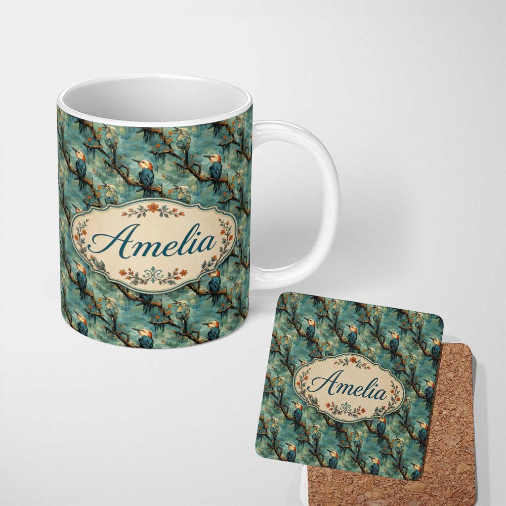 Personalized Custom Name Painterly Blue and Orange Birds on Branch Seamless Pattern Lovely 11oz Ceramic Coffee Tea Mug White Large Handle