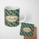 Personalized Custom Name Painterly Blue and Orange Birds on Branch Seamless Pattern Lovely 11oz Ceramic Coffee Tea Mug White Large Handle