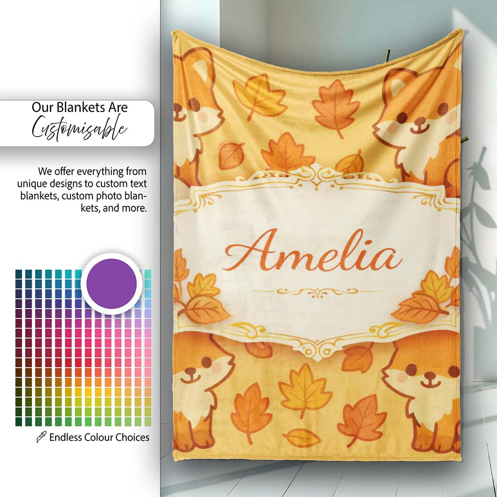 Cute Autumn Fox Cartoon Animal Pattern Stylish Everyday  Lovely  Personalised Custom Name Super Soft Fleece Blanket Bed Sofa Throw