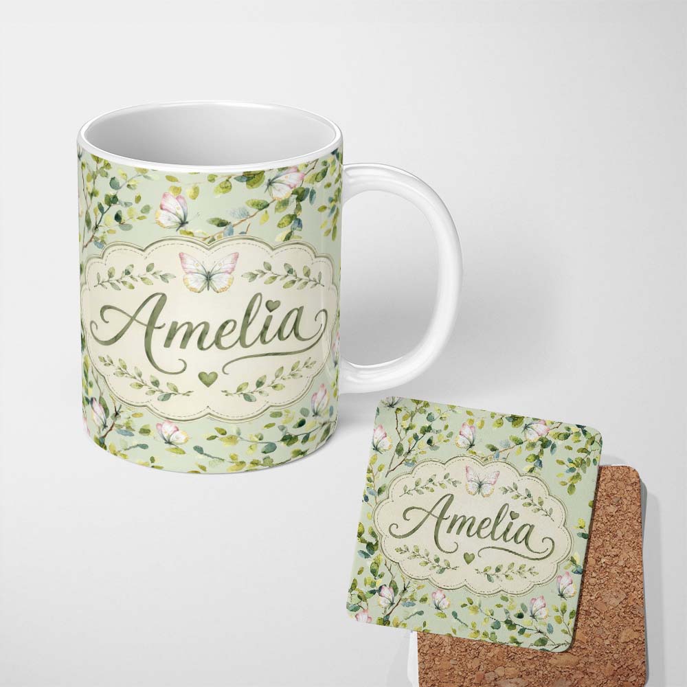 Personalized Custom Name Watercolor Butterflies Green Leaves Branches Seamless Pattern Soft 11oz Ceramic Coffee Tea Mug White Large Handle
