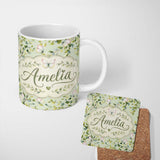 Personalized Custom Name Watercolor Butterflies Green Leaves Branches Seamless Pattern Soft 11oz Ceramic Coffee Tea Mug White Large Handle