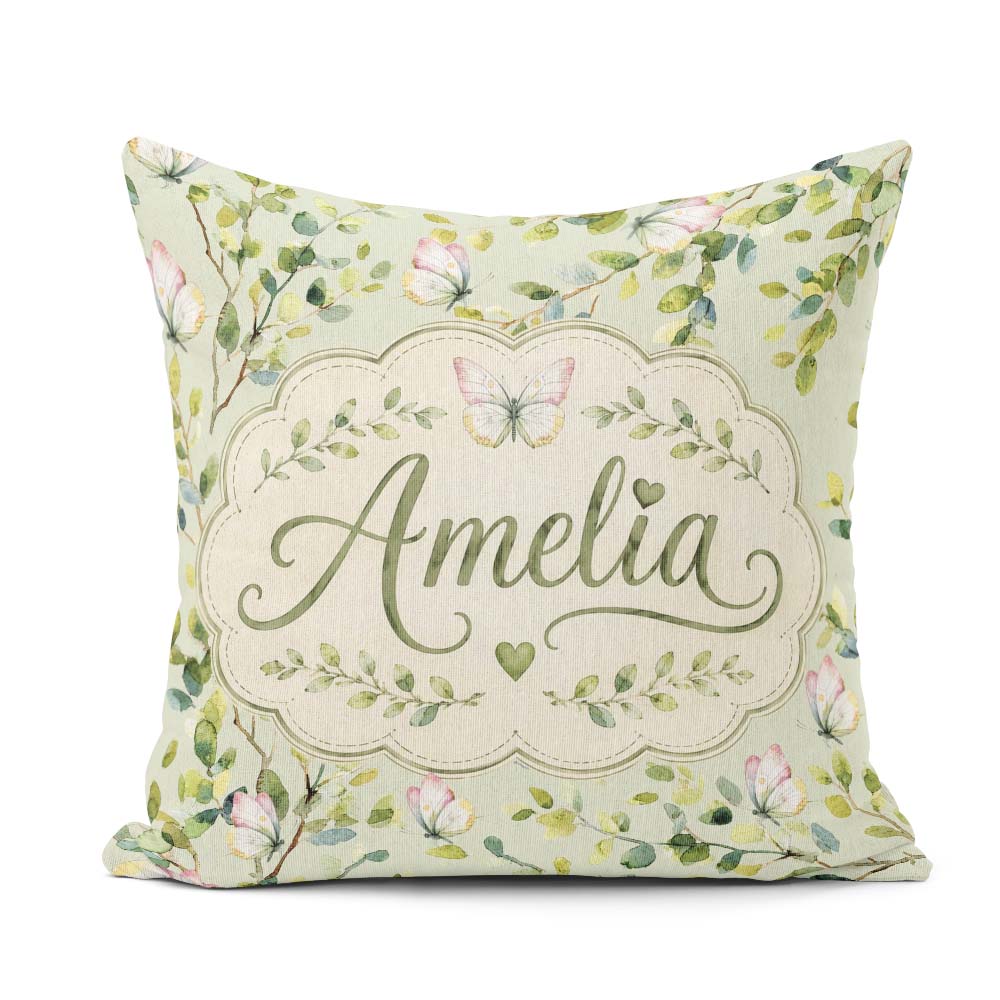 Custom Name Watercolor Butterflies Green Leaves Branches Pattern Square Filled Cushion Throw Pillow Sofa Bed Home Decor Zip Washable UK Made