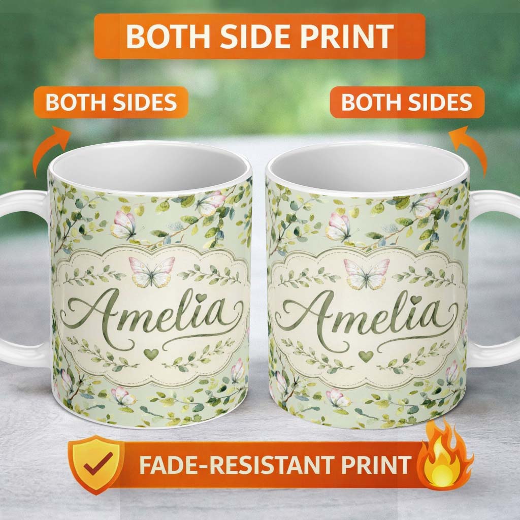Personalized Custom Name Watercolor Butterflies Green Leaves Branches Seamless Pattern Soft 11oz Ceramic Coffee Tea Mug White Large Handle