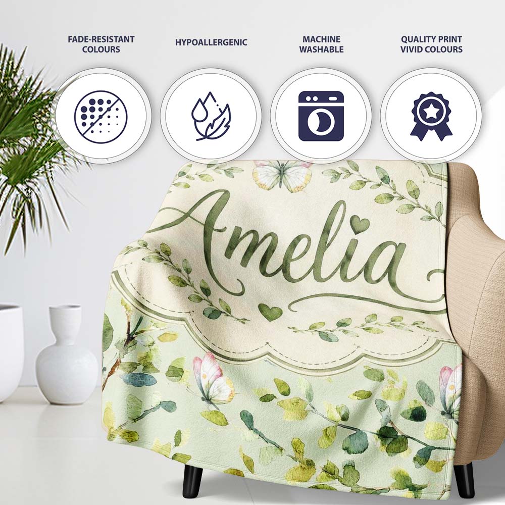 Watercolor Butterflies Green Leaves Branches Seamless Pattern Soft  Personalised Custom Name Super Soft Fleece Blanket Bed Sofa Throw