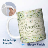 Personalized Custom Name Watercolor Butterflies Green Leaves Branches Seamless Pattern Soft 11oz Ceramic Coffee Tea Mug White Large Handle