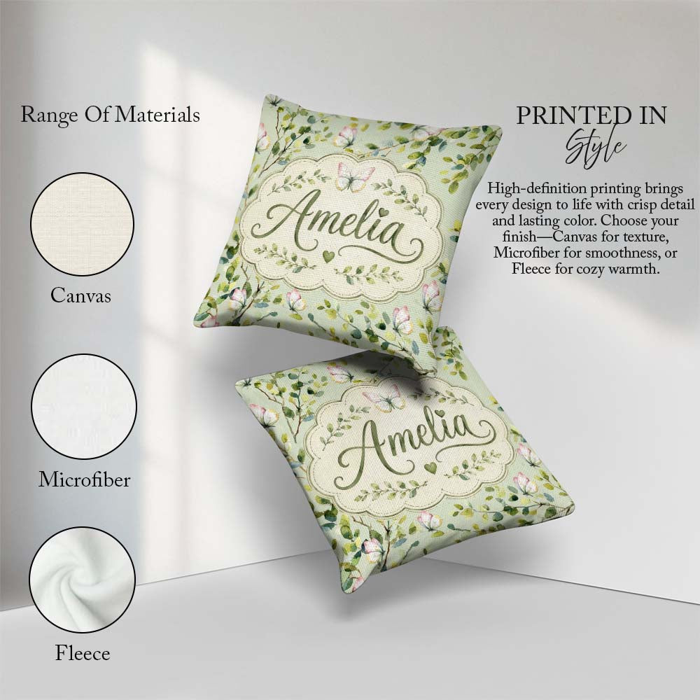 Custom Name Watercolor Butterflies Green Leaves Branches Pattern Square Filled Cushion Throw Pillow Sofa Bed Home Decor Zip Washable UK Made