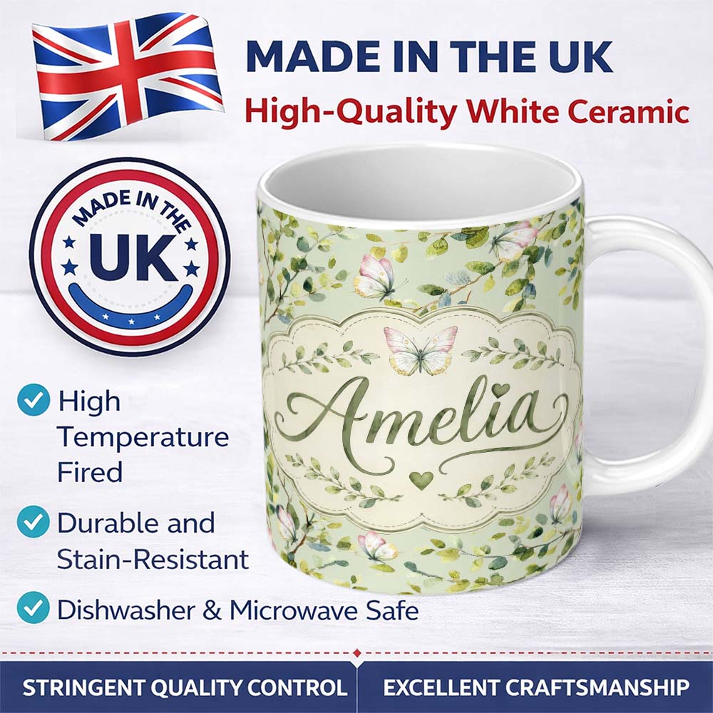 Personalized Custom Name Watercolor Butterflies Green Leaves Branches Seamless Pattern Soft 11oz Ceramic Coffee Tea Mug White Large Handle