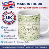 Personalized Custom Name Watercolor Butterflies Green Leaves Branches Seamless Pattern Soft 11oz Ceramic Coffee Tea Mug White Large Handle