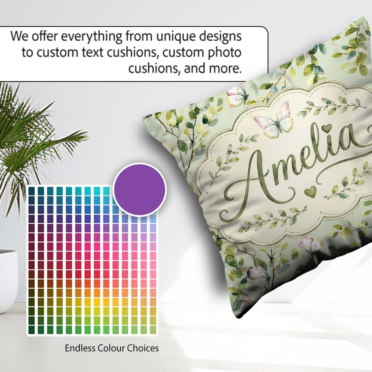 Custom Name Watercolor Butterflies Green Leaves Branches Pattern Square Filled Cushion Throw Pillow Sofa Bed Home Decor Zip Washable UK Made