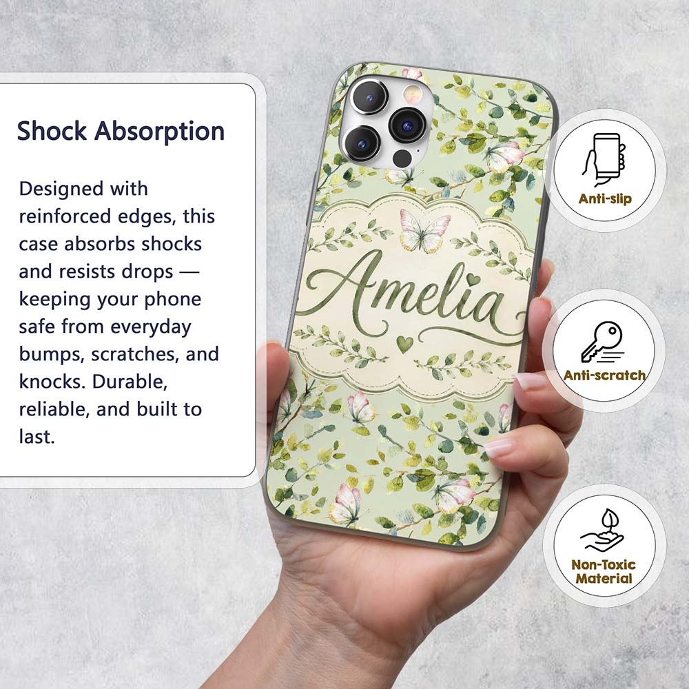 Watercolor Butterflies Green Leaves Branches Custom Name Protective Phone Case Mobile Cover Durable Everyday Smartphone Shock Resistant