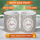 Personalized Custom Name Watercolor Butterflies Green Leaves Branches Seamless Pattern Light 11oz Ceramic Coffee Tea Mug White Large Handle