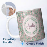 Personalized Custom Name Watercolor Butterflies Green Leaves Branches Seamless Pattern Light 11oz Ceramic Coffee Tea Mug White Large Handle
