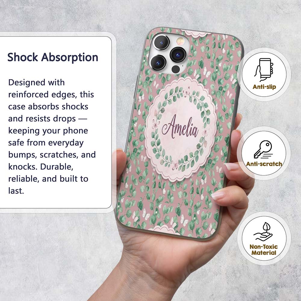 Watercolor Butterflies Green Leaves Branches Custom Name Protective Phone Case Mobile Cover Durable Everyday Smartphone Shock Resistant