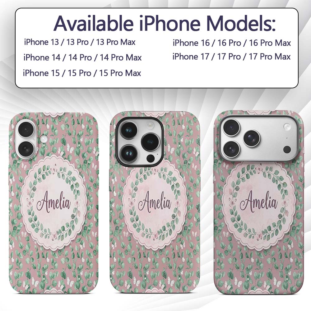 Watercolor Butterflies Green Leaves Branches Custom Name Protective Phone Case Mobile Cover Durable Everyday Smartphone Shock Resistant